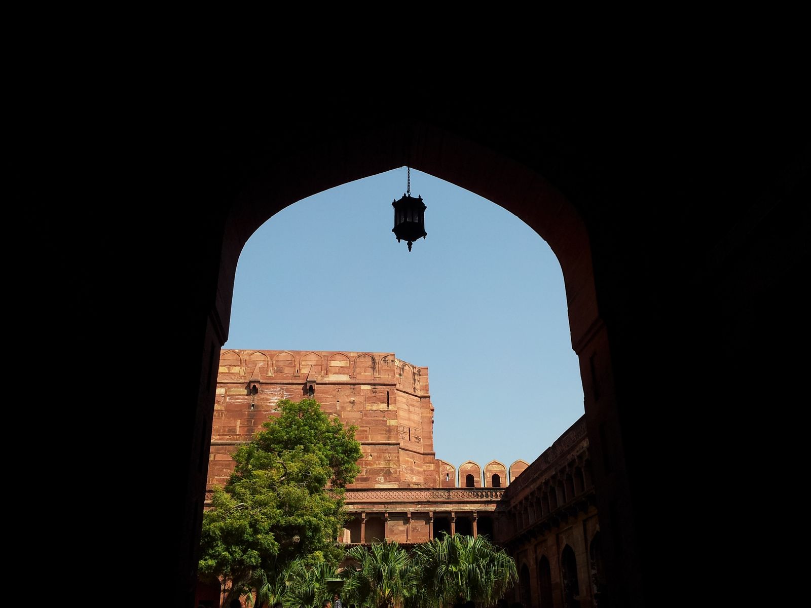 The red sandstone Amar Singh Gate of Agra Fort with its towers and arched entrance