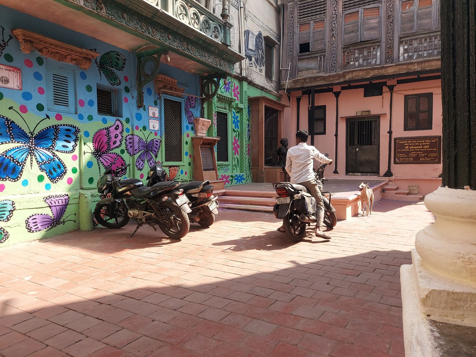 Carved wooden house fronts and a painted bird feeder in a narrow pol lane in old Ahmedabad