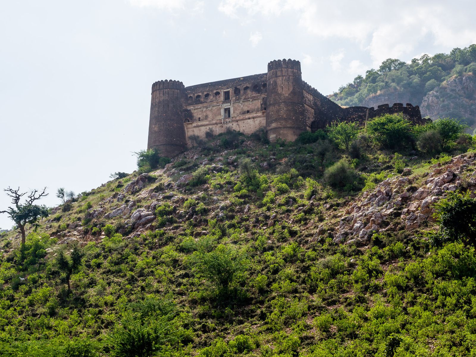 The walls of Ajabgarh fort running along a ridge of the Aravalli hills