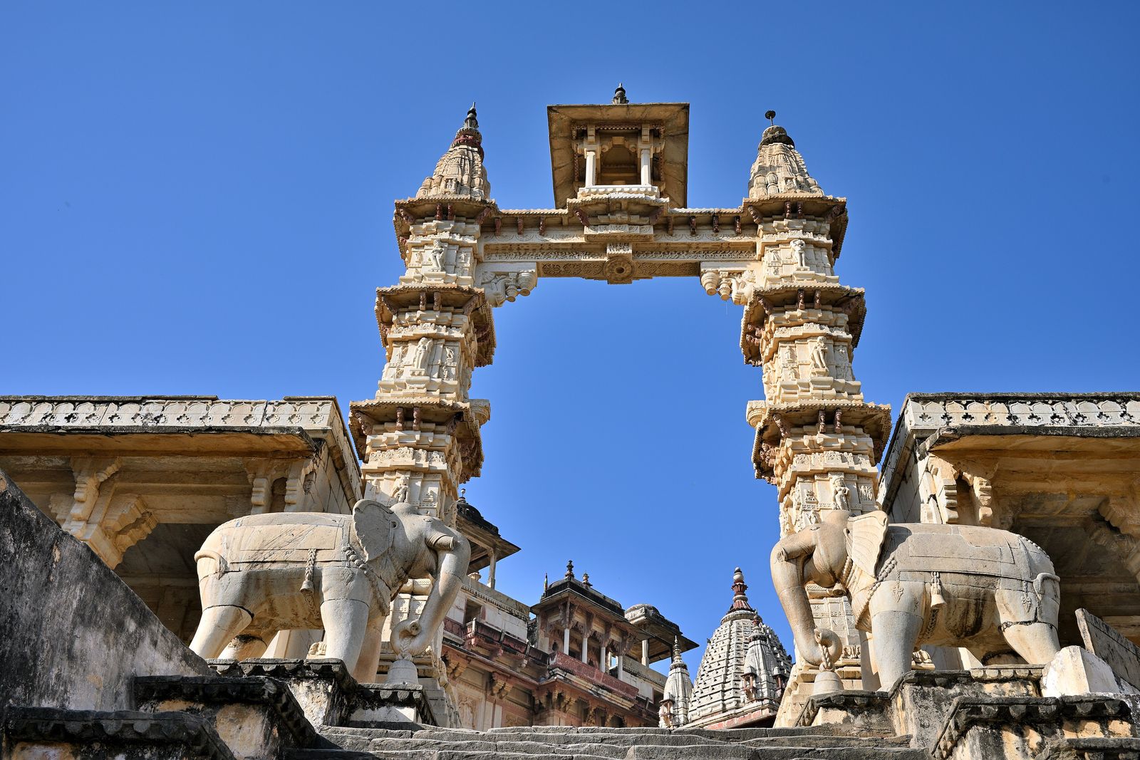 The carved marble gateway and spire of the Jagat Shiromani temple in Amer town