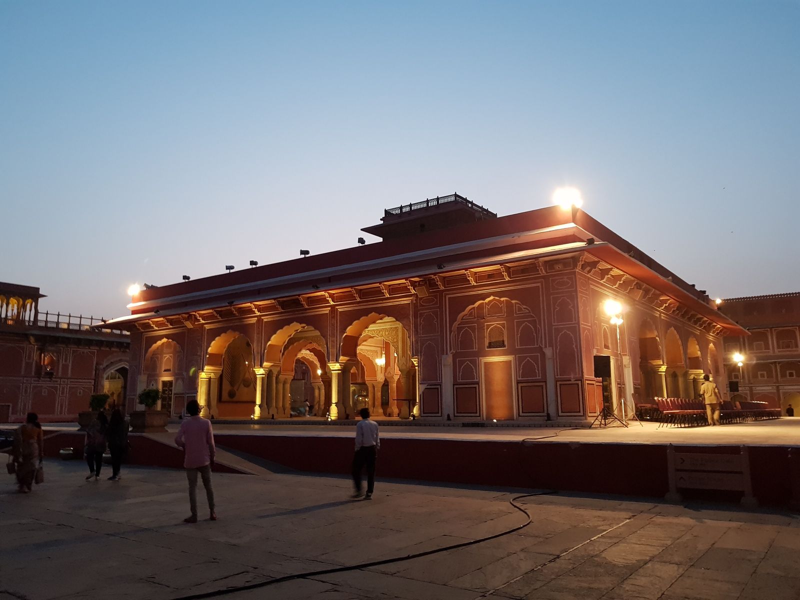 The carved red sandstone facade and domed pavilions of Lalgarh Palace in Bikaner