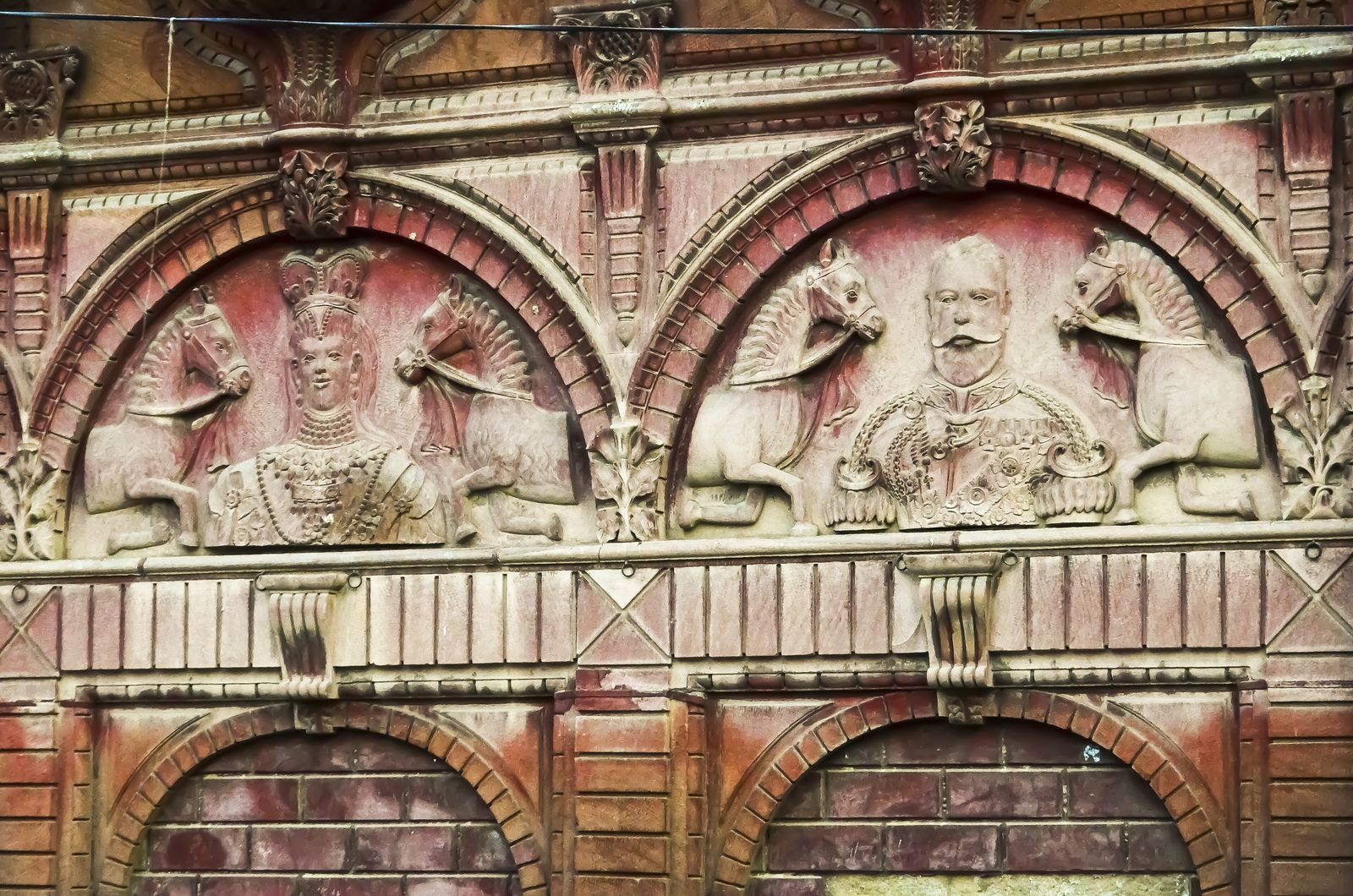 Ornately carved red sandstone facades of the Rampuria havelis in Bikaner's old city