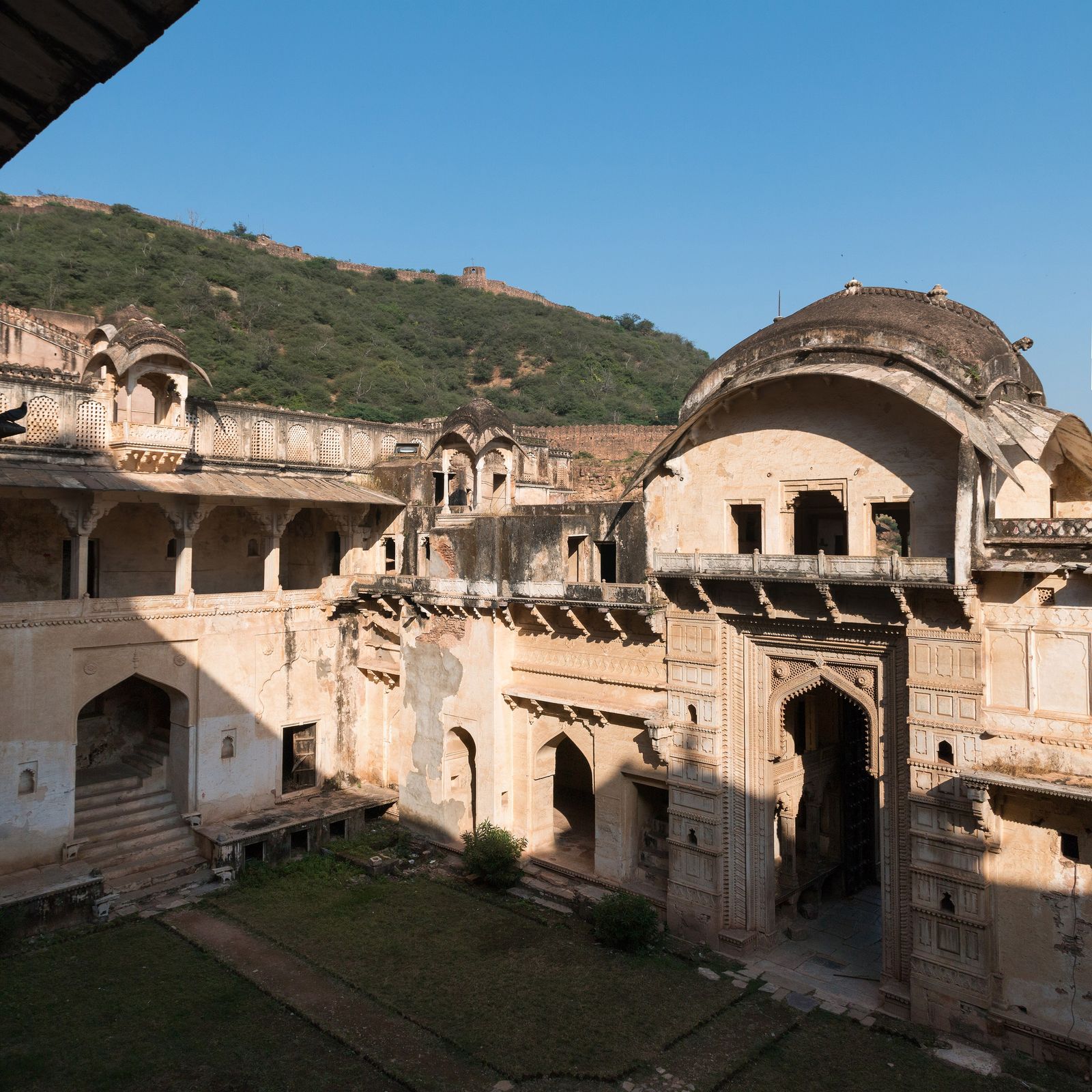 The Hathi Pol of Bundi's Garh Palace, with carved stone elephants above the gateway, seen from the throne gallery