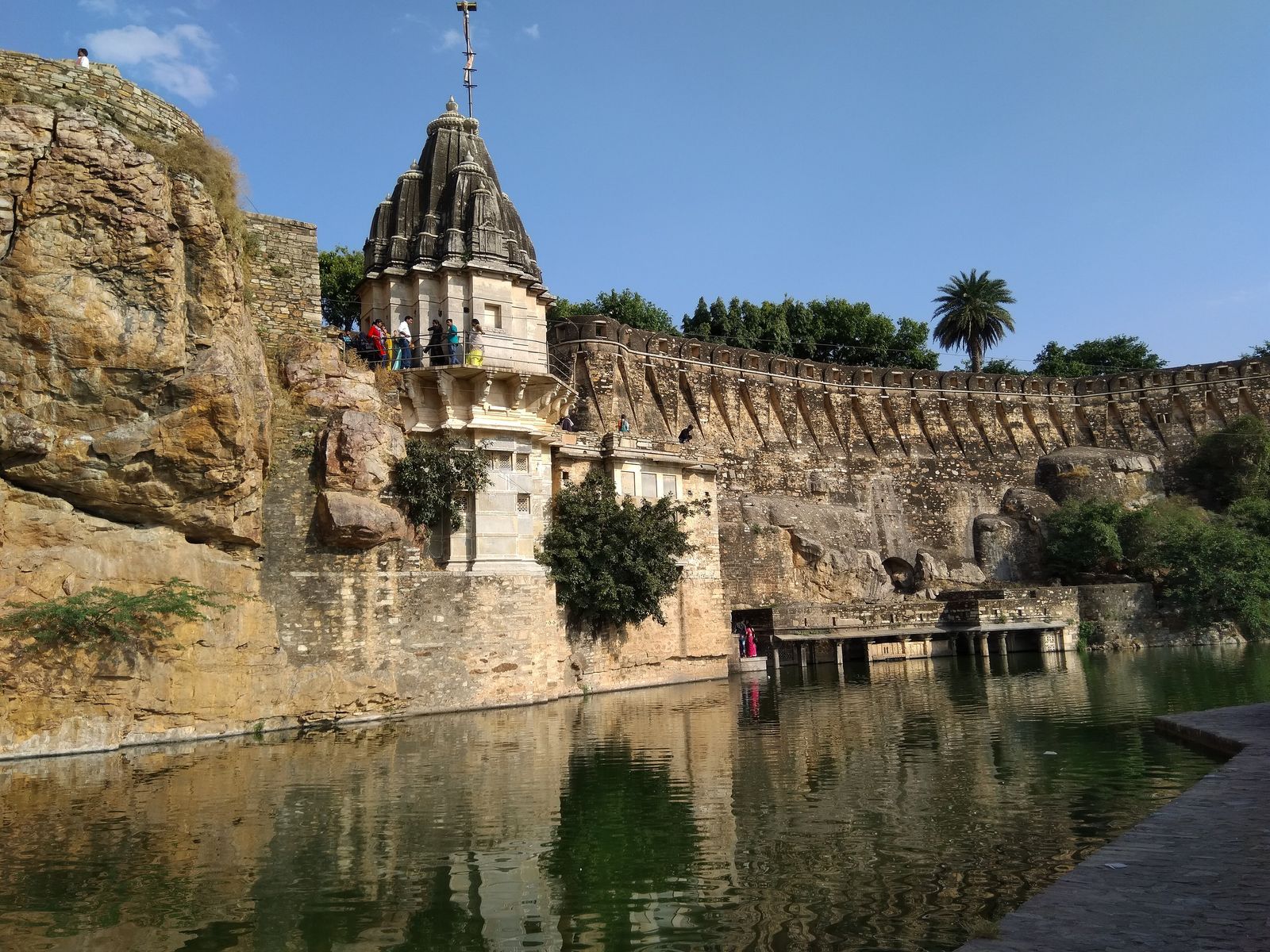 The spring-fed Gaumukh tank below a cliff inside Chittorgarh Fort