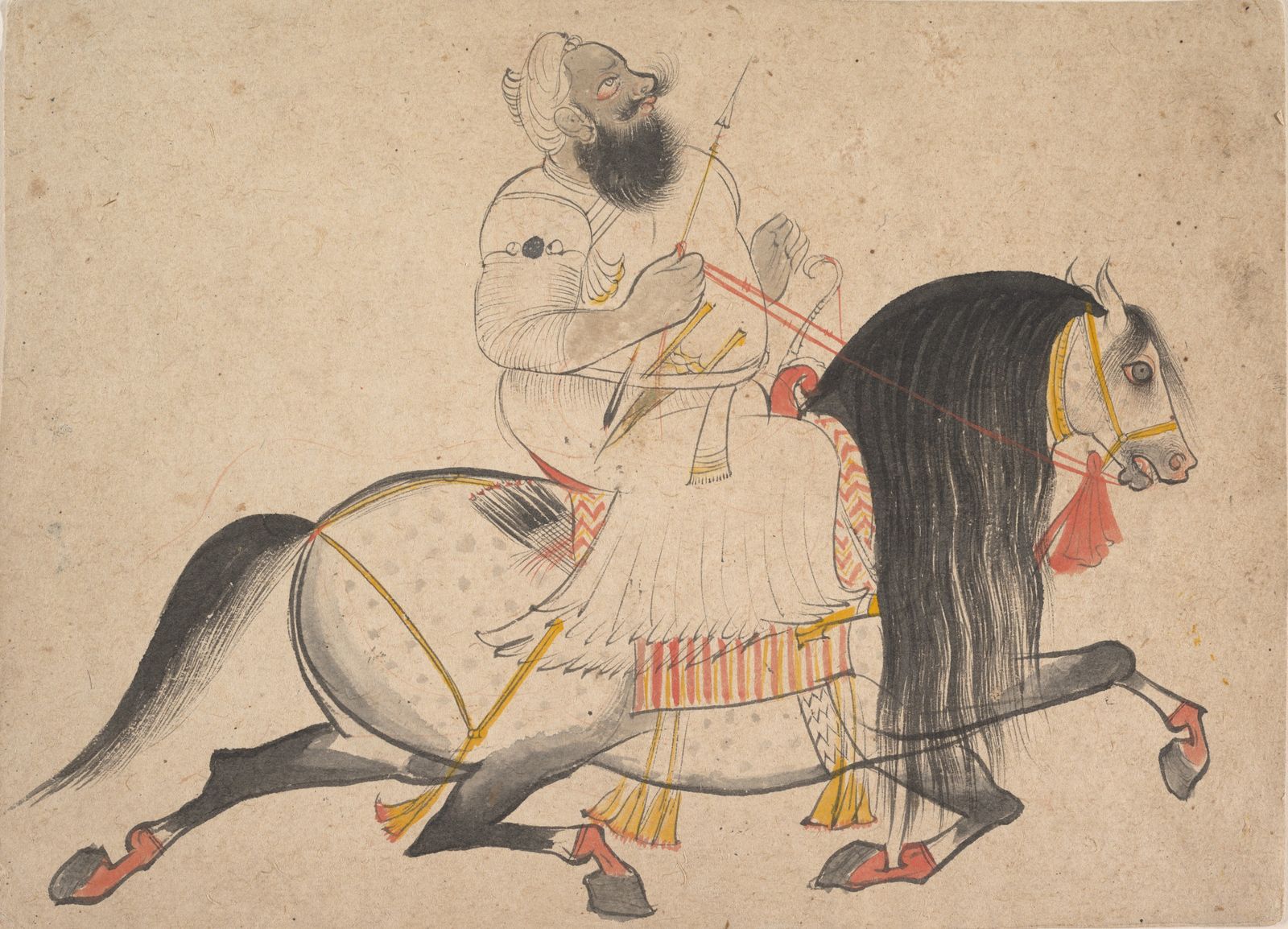 A Rajput miniature painting of a noble on horseback with attendants, painted in strong yellows and greens