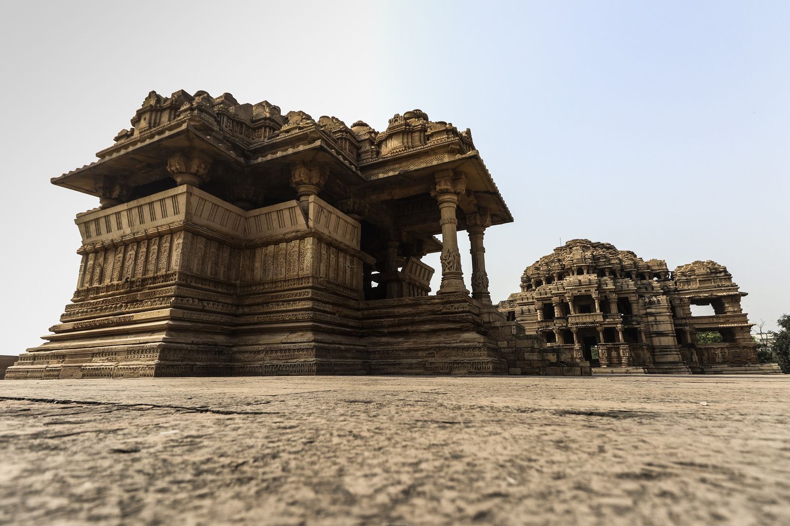 The carved pillars and terraces of the larger Sas-Bahu temple on Gwalior Fort