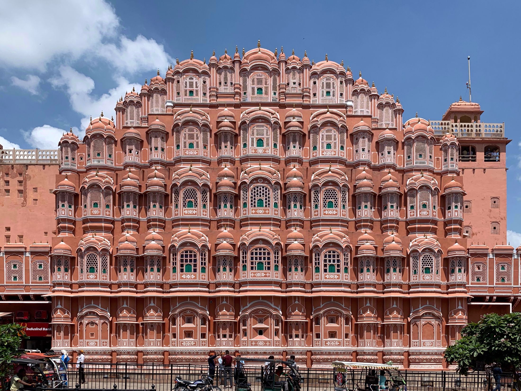 The rose-pink honeycomb facade of Hawa Mahal, the Palace of Winds, in Jaipur's walled city