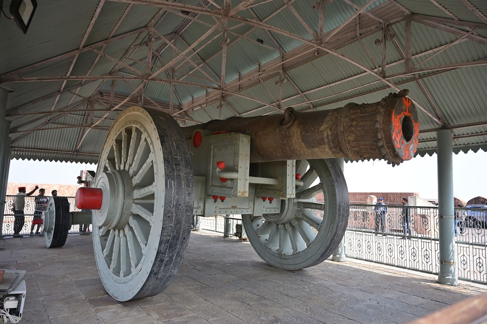 The giant Jaivana cannon on its wheeled carriage inside Jaigarh Fort above Amer