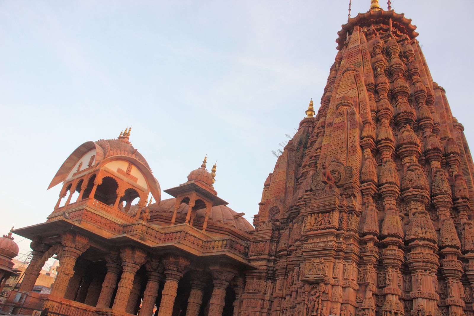 The tall carved spire of the Surya temple rising above the old town of Jhalrapatan