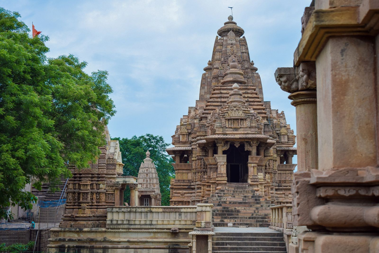 The Lakshmana temple at Khajuraho on its high platform with corner shrines and a tall spire