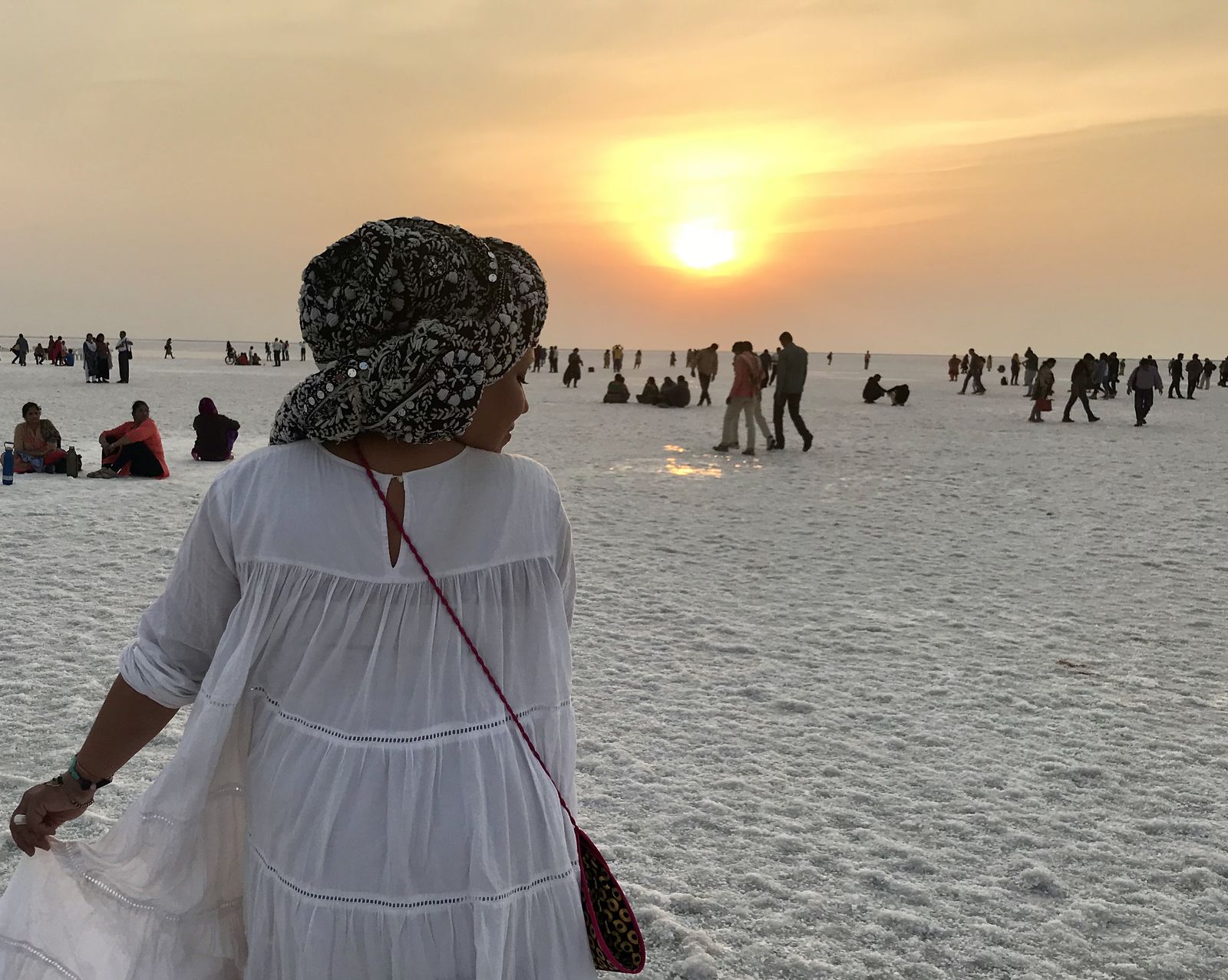 The White Rann of Kutch at sunset, a flat plain of salt under a pink sky