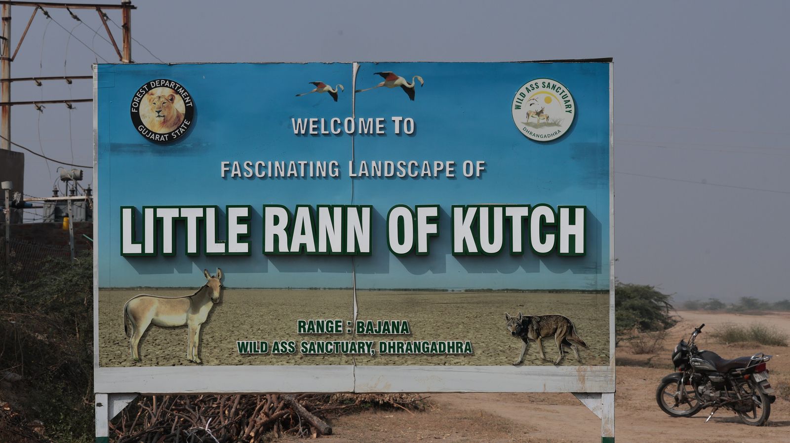 The welcome sign of the wild ass sanctuary in the Little Rann of Kutch