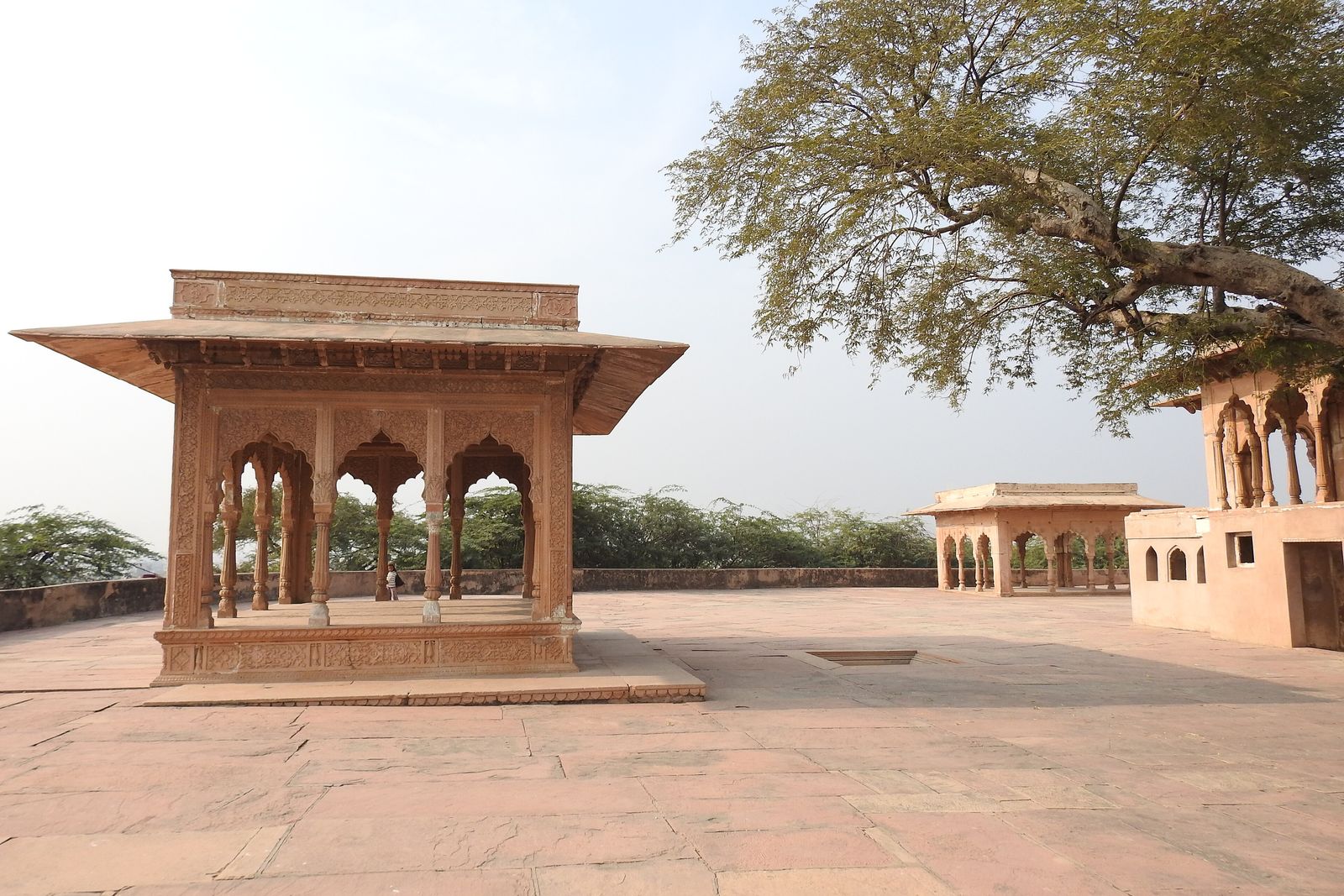 The moat and massive earthen ramparts of Lohagarh Fort in Bharatpur