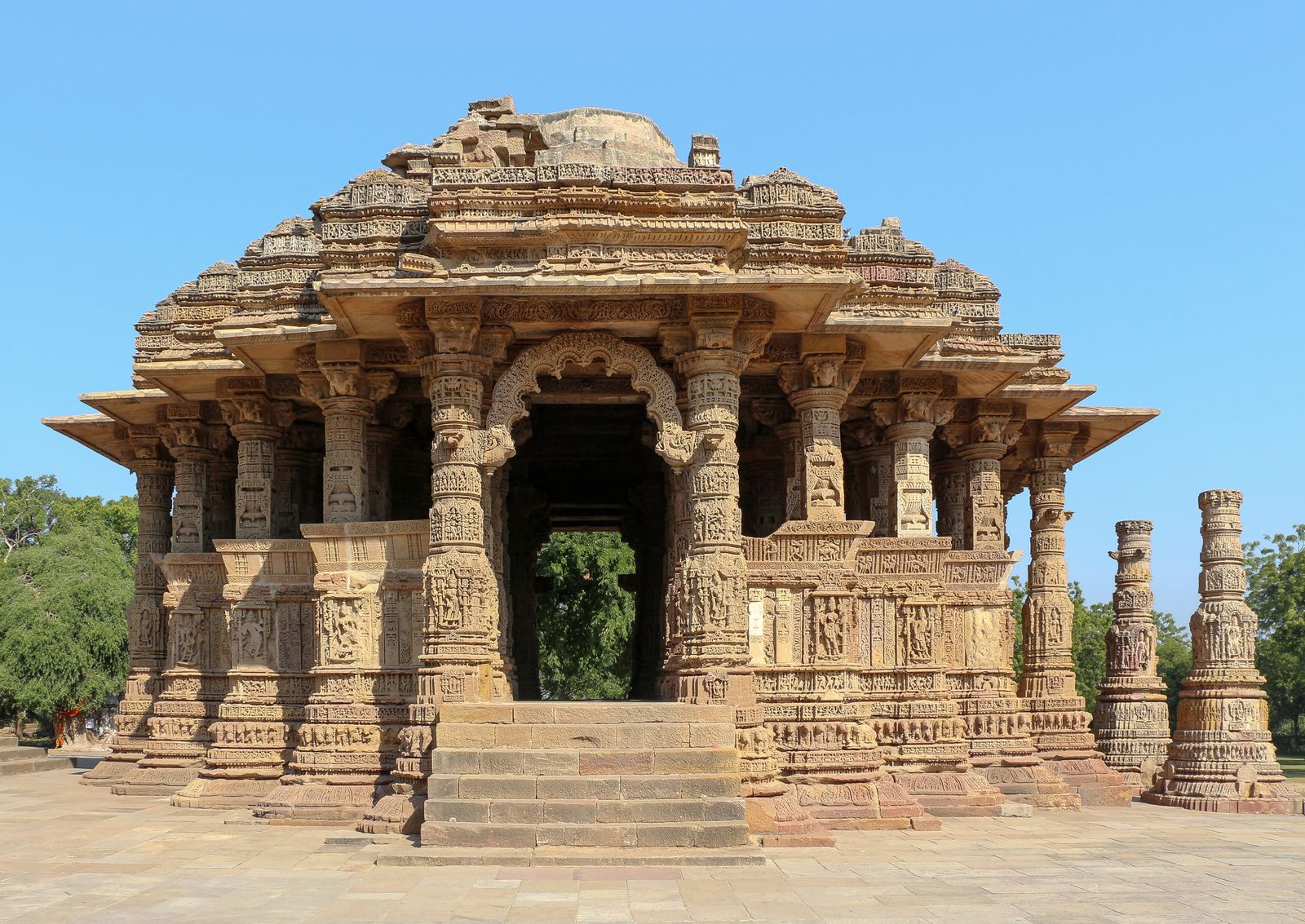 The Sun Temple at Modhera rising above the stepped shrines of its great tank, the Surya Kund