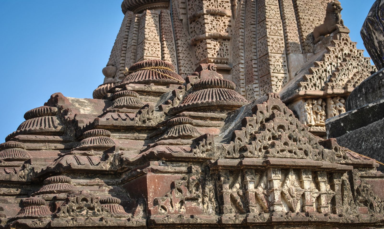Carved sandstone temple spires of the ancient temple group at Osian in the Thar desert