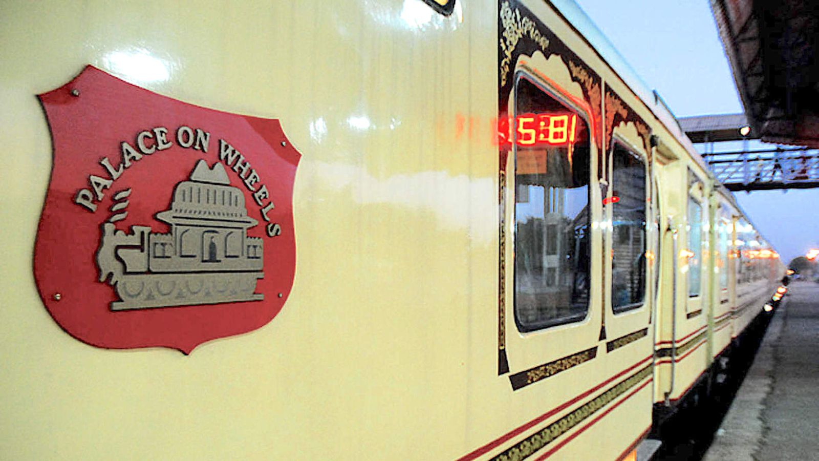 The Palace on Wheels luxury train standing at a station platform in Rajasthan