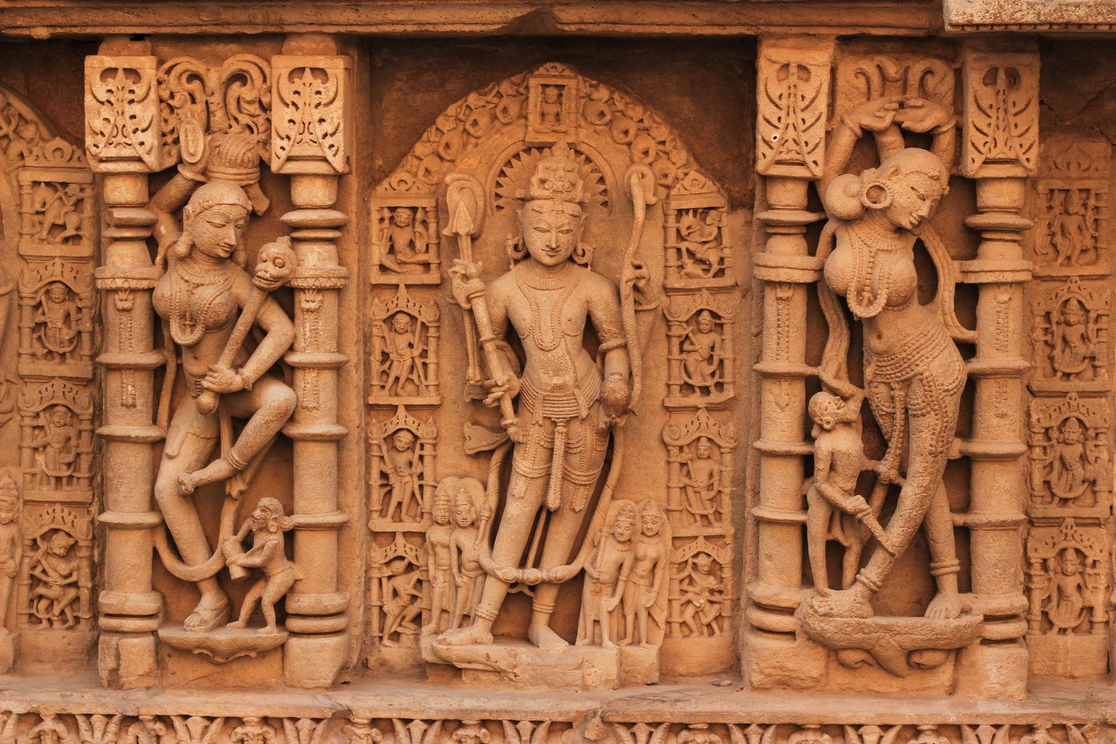 Tiers of carved pillared galleries descending into the stone stepwell of Rani ki Vav at Patan
