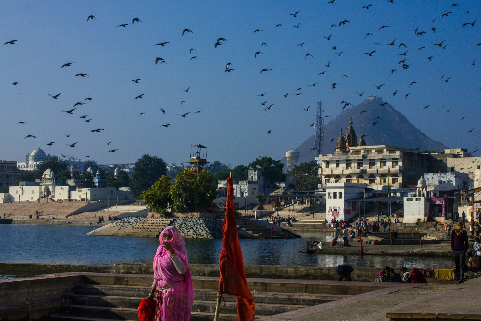 Early morning mist over Pushkar Lake and its ghats on a winter day, with birds over the water