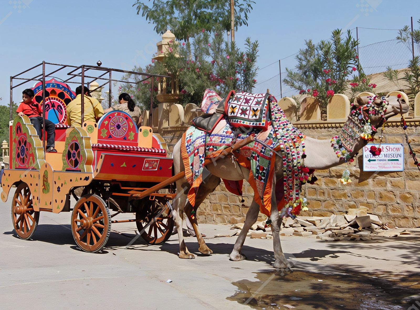 A camel pulling a loaded cart along a country road in rural Rajasthan