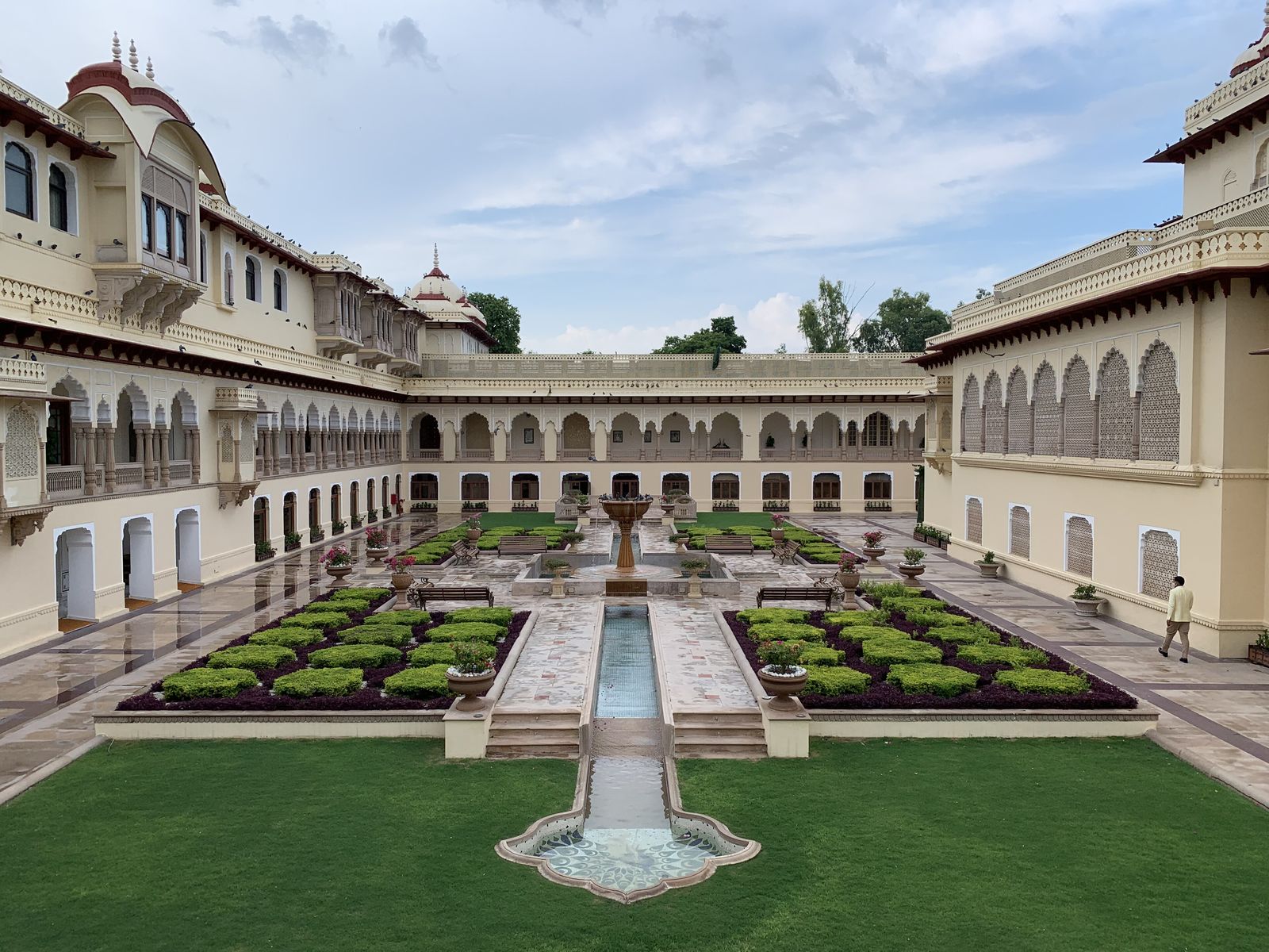 The courtyard garden and arcades of Rambagh Palace, Jaipur