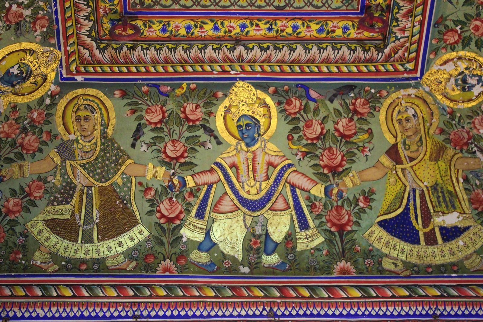 A frescoed wall inside a haveli in Mandawa, Shekhawati