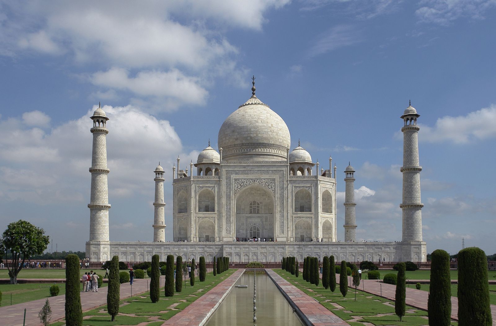 The Taj Mahal seen across its garden and long reflecting pool
