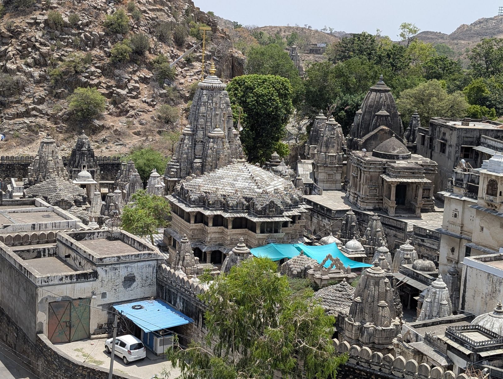 The carved stone shikhara towers of the Eklingji temple complex at Kailashpuri, near Delwara