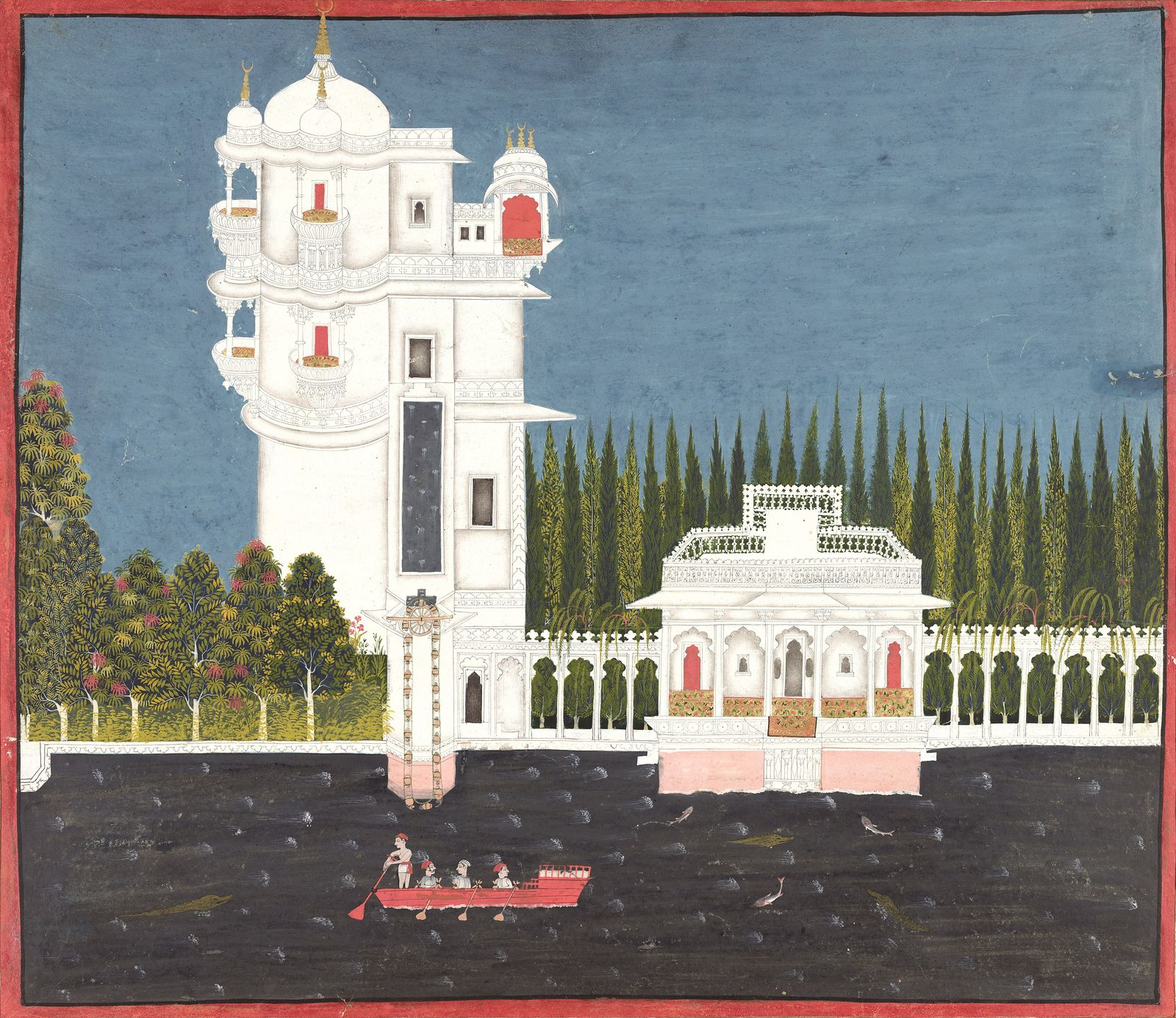 An old Mewar painting of the Jag Mandir island palace on Lake Pichola with boats