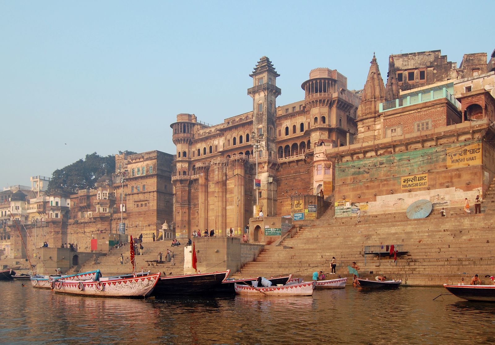 Old riverside mansions above the ghats of Varanasi seen from the Ganga