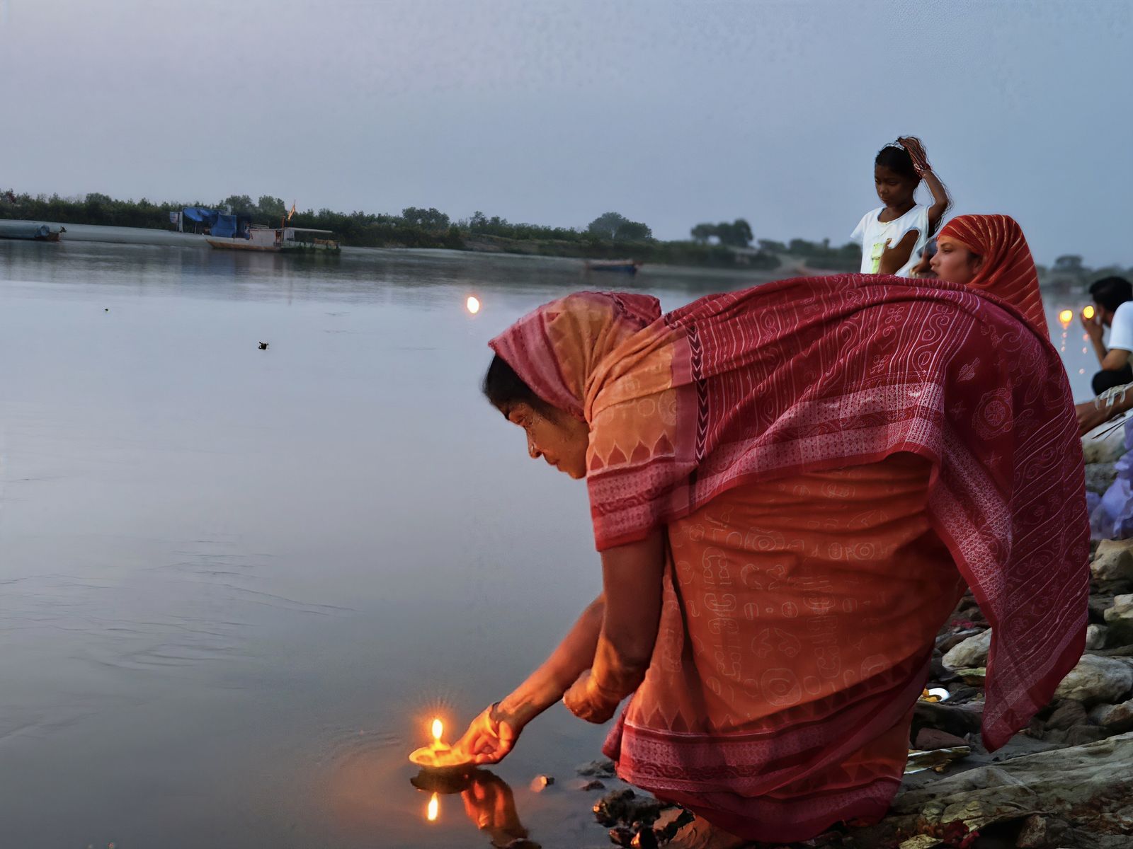 The sandstone pavilions of Keshi Ghat on the Yamuna river at Vrindavan